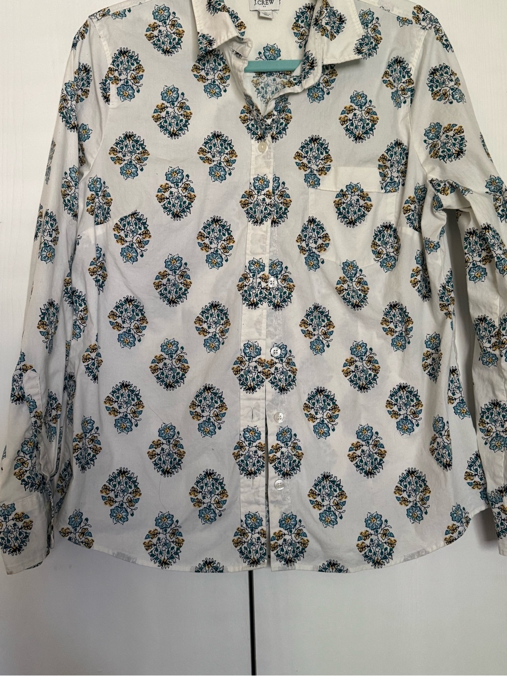 J. Crew woman White Button-Down Shirt with Blue and Gold Floral Motif